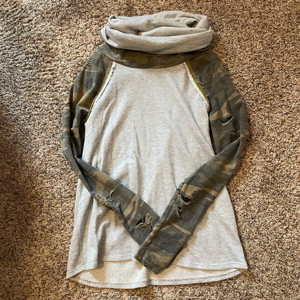 Gray and Camouflage Long Sleeve Top